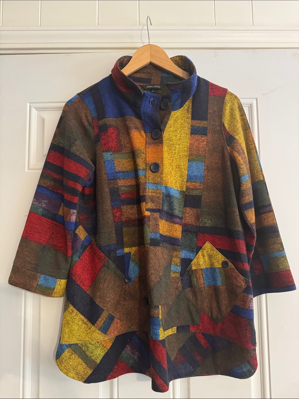 John Mark Multicolor Patchwork Button-Up Wool Coat